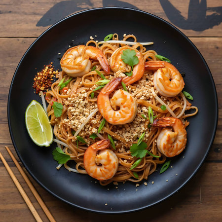 Stir-fried noodles with shrimps, prawns and sesame seeds