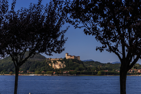 View of the Angera Fortress from Arona lakefrontの写真素材