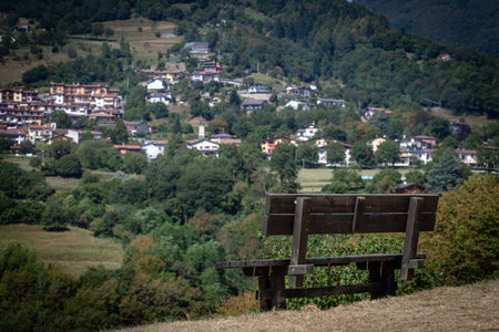 Wooden Bench Overlooking Scenic Village with Rolling Hills and Forested Backdrop