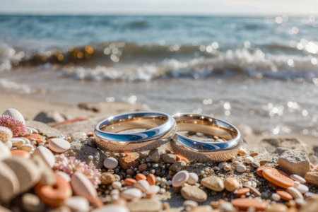 Two wedding rings lie on the beach by the sea on a sunny dayの素材