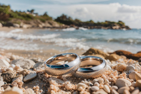 Two wedding rings lie on the beach by the sea on a sunny dayの素材
