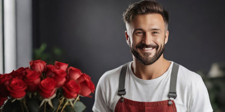 A dark-haired man delivers and gives a bouquet of scarlet rosesの素材