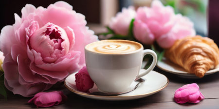 A cup of cappuccino and a croissant and peonies on a table in a cafeの素材
