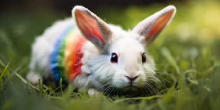 Drawn small white rabbit with rainbow coloring on green grassの素材