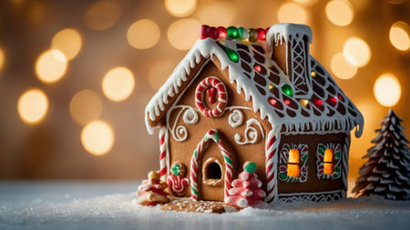 Christmas gingerbread house decoration on brown background of defocused golden lights. Hand decorated. The windows are lit upの素材