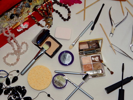 women's dressing table with cosmetics and accessoriesの写真素材