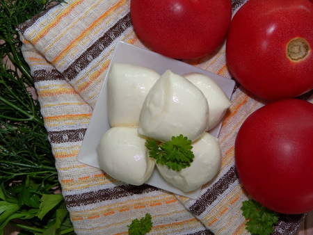 mozzarella with vegetables and greensの写真素材