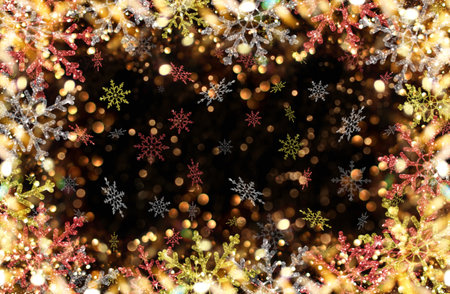 beautiful Christmas background with colorful snowflakes on a shiny backgroundの写真素材