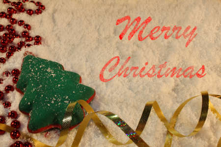 beautiful green Christmas tree lies on the white snowの写真素材