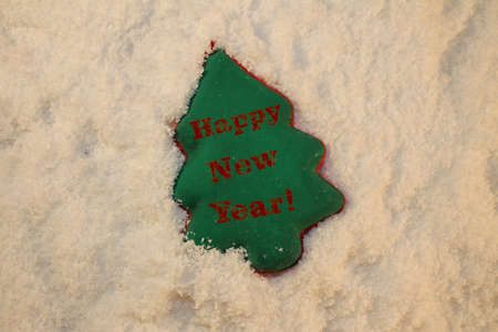 beautiful green Christmas tree lies on the white snowの写真素材