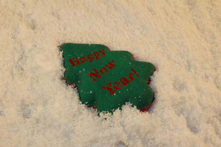 beautiful green Christmas tree lies on the white snowの写真素材