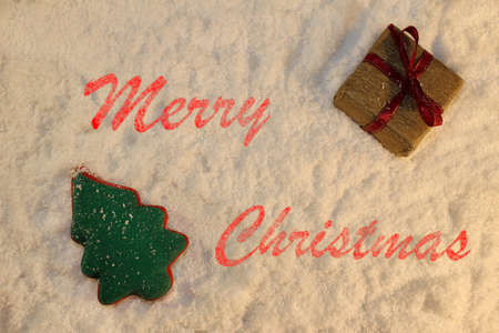 beautiful green Christmas tree and a gift lies on the white snowの写真素材