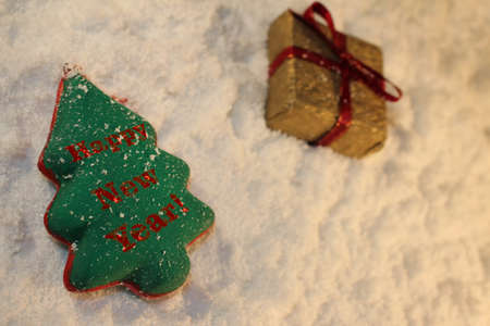 beautiful green Christmas tree and a gift lies on the white snowの写真素材