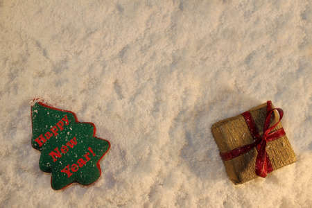 beautiful green Christmas tree and a gift lies on the white snowの写真素材
