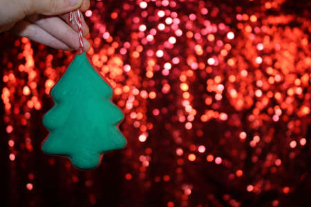 beautiful green Christmas tree is lying on your hand on a shiny backgroundの写真素材