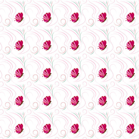 seamless background with beautiful pink butterflies on a white backgroundの写真素材