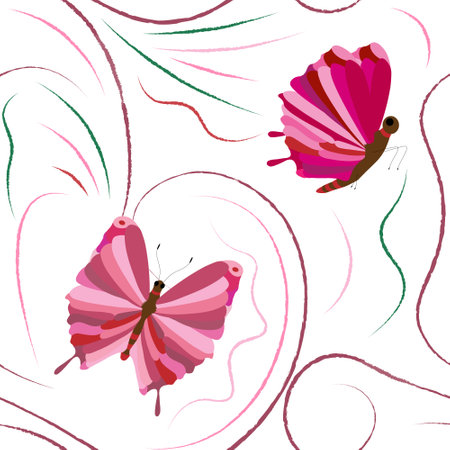 seamless background with beautiful pink butterflies on a white backgroundのイラスト素材