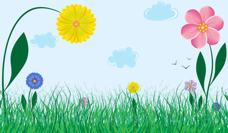 beautiful illustration with green grass and multicolored flowers on the background of the sky and cloudsの写真素材