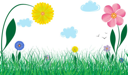 beautiful illustration with green grass and multicolored flowers on the background of the sky and cloudsの写真素材