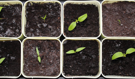 small sprout of a plant in a yellow potの写真素材