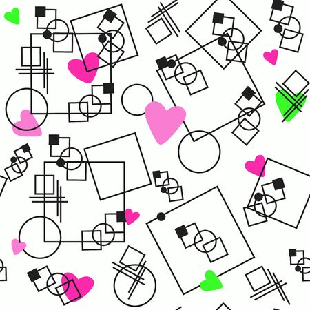 Pink and light green hearts fly against the background of black geometric shapesのイラスト素材