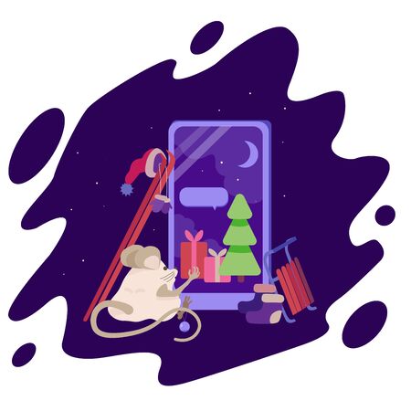 Mouse sits in front of a smartphone in which Christmas gifts under the tree. New year's eve, it's snowing.Near the phone are skis and sleds.のイラスト素材