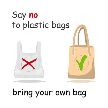 Pollution problem concept. Say no to plastic bags, bring your own textile bag. Cartoon styled images with signage calling for stop using disposable polythene package. Vector illustration.のイラスト素材