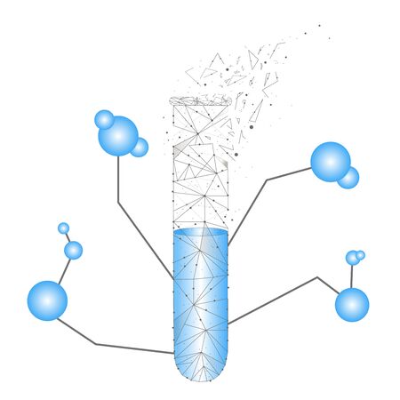 Low poly science chemical glass flasks. Magical equipment polygonal triangle blue glowing research future technology business medicine conceptのイラスト素材