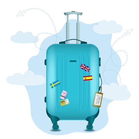 Color plastic travel bag with different travel elements vector illustration. Travel conceptのイラスト素材