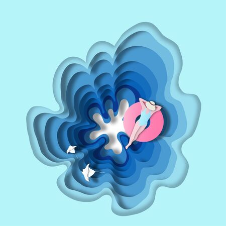 Top view of girl swimming on the inflatable big circle in the ocean. illustration. Summer sale template bannerの写真素材