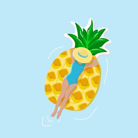 Woman sleeping on air mattress flat color vector faceless character. Female tourist sunbathing on inflatable toy. Relaxing in pool. Girl in swimsuit lie with hat isolated cartoon illustrationのイラスト素材