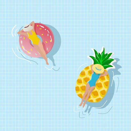 Summer, two beautiful young girls with an inflatable ring and an air mattress relax in the blue pool.のイラスト素材