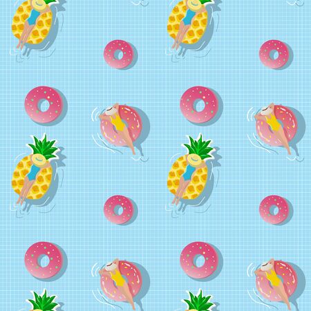 Summer vector seamless pattern. Girls swim and sunbathe on an air mattress, as well as inflatable circles. On a light blue background in the pool or on the seaのイラスト素材