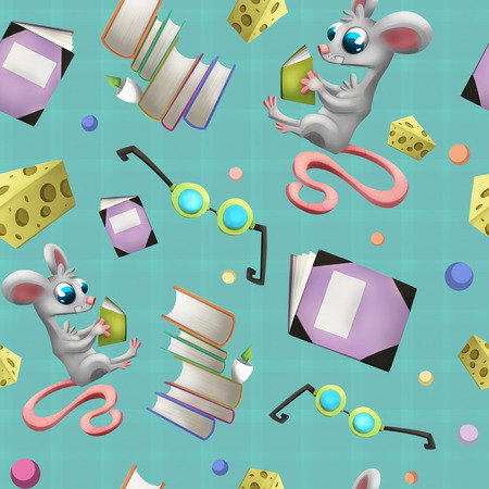 Seamless pattern with mouse, glasses, notebook, cheese and books. Raster illustrationの写真素材