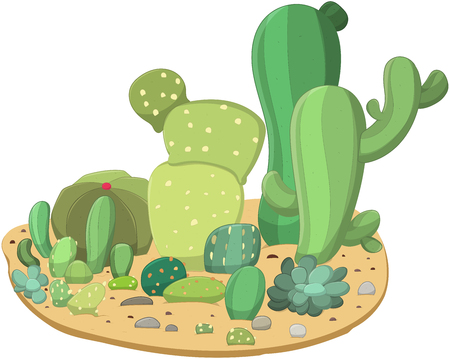 Line art collection of cute and different cacti on the ground. Vector illustration.のイラスト素材