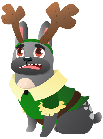 French Bulldog with reindeer antlers and sweater. Vector illustrationのイラスト素材