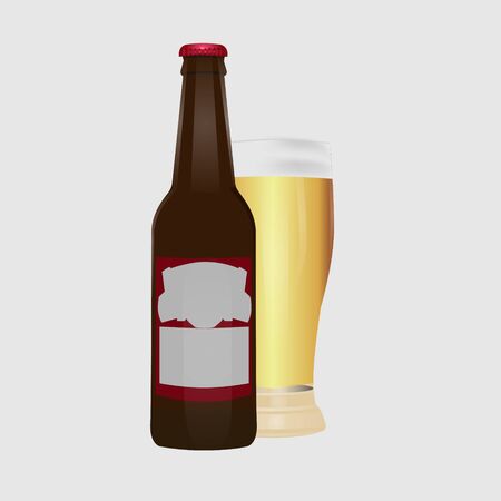 bottle of light beer and a glass of beer on a dark background, vector illustrationのイラスト素材