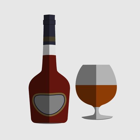 bottle and glass of brandy on a gray background, vector illustration, flat designのイラスト素材