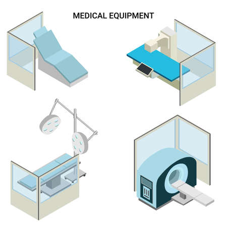 Isometric medical equipment set, social distanceのイラスト素材