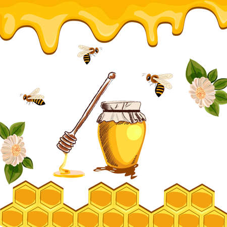 poster of organic honey in a glass jar, honeycombs, flowers, beesのイラスト素材