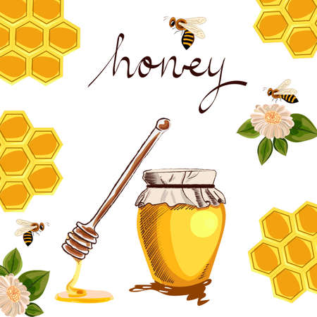 honey in a glass jar, honeycombs, flowers, beesのイラスト素材
