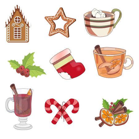 Cup of cocoa, marshmallows. Christmas stocking. Creamy candies. Mulled wine. Gingerbreads. Tea with cinnamon, apple, orange. Mistletoe. Vector illustrationのイラスト素材