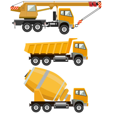 Construction machinery set. Mobile crane. Concrete mixer. Dump truck. Vector illustration. Isolated on white background. Color yellow.のイラスト素材