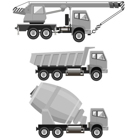 Construction machinery set. Mobile crane. Concrete mixer. Dump truck. Vector illustration. Isolated on white background. Color grey.のイラスト素材