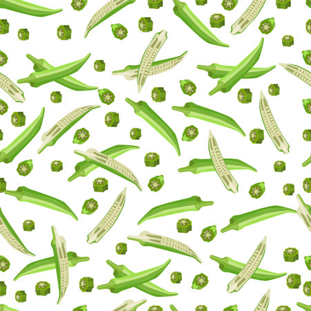 Okra. Lady finger. Gumbo Seamless background. Exotic vegetables. Organic and healthy, diet and vegetarian food. Vector illustrations isolated.のイラスト素材