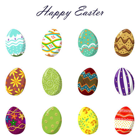 Happy Easter. Set of colorful decorated Easter eggs with different texture, pattern. Spring holiday. Happy Easter eggs. Cartoon flat style. Vector illustration.のイラスト素材