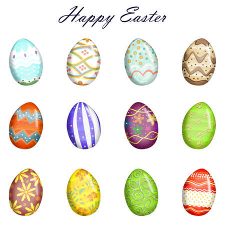 Happy Easter. Set of colorful decorated Easter eggs with different texture, pattern. Spring holiday. Happy Easter eggs. Vector illustration.の写真素材
