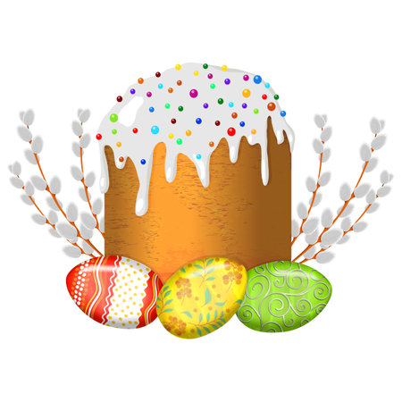 Happy Easter. Easter cake with glaze, colorful decor. Colorful decorated Easter eggs with different texture, pattern. Pussy-willow. Spring holiday. Vector illustrationのイラスト素材
