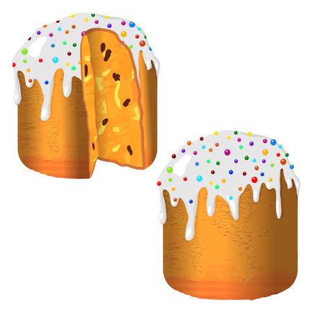 Happy Easter. Easter cake with glaze, colorful multi-colored decor. Traditional Russian Easter cake. Easter kulich. Spring holiday. Vector illustrationのイラスト素材