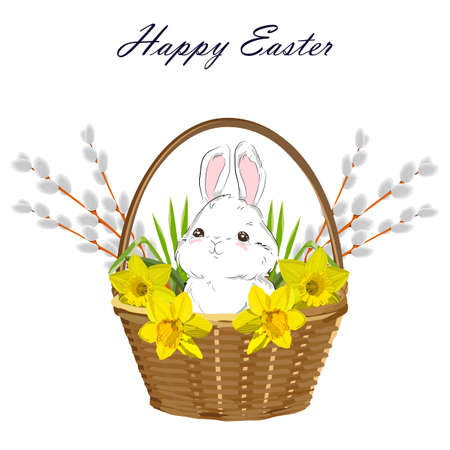 Happy Easter. Wicker basket with Easter bunny, pussy-willow and yellow daffodils. Spring holiday. Vector illustration isolated on white backgroundのイラスト素材
